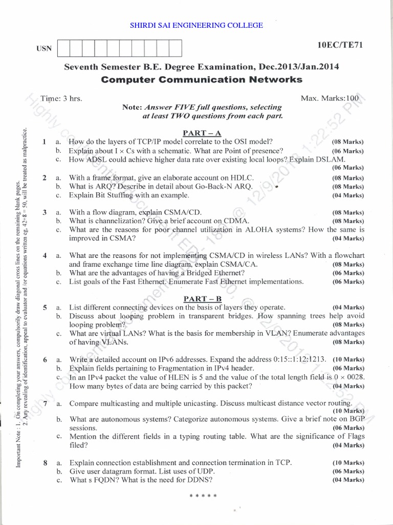 Question papers of Computer Communication Networks Network Congestion