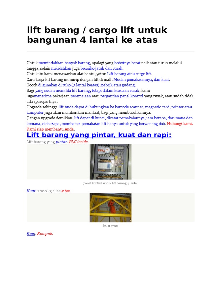Spesifikasi Lift Barang 4 Lantai | PDF