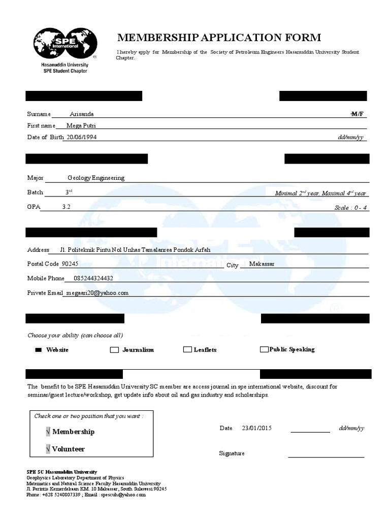 Membership Application Form Spe Unhas | PDF | Career & Growth | Science ...