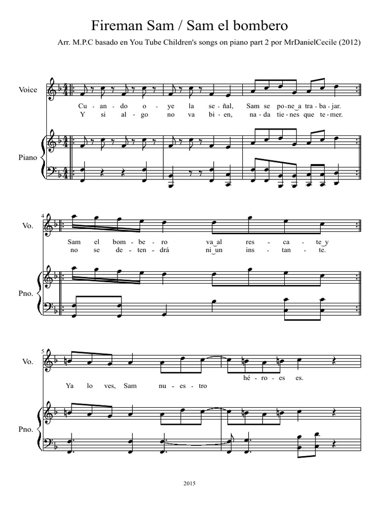 Fireman Sam Piano Sheet With Lyrics In Spanish Pdf