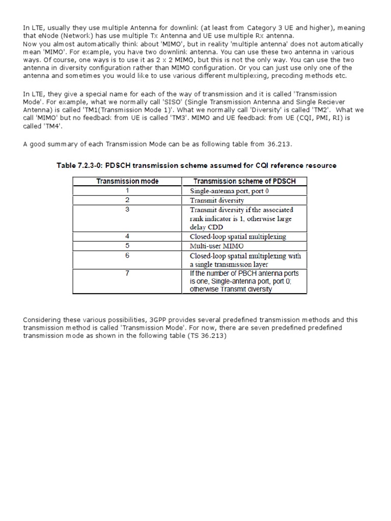 LTE Transmission Modes Overview | PDF | Mimo | Radio Technology