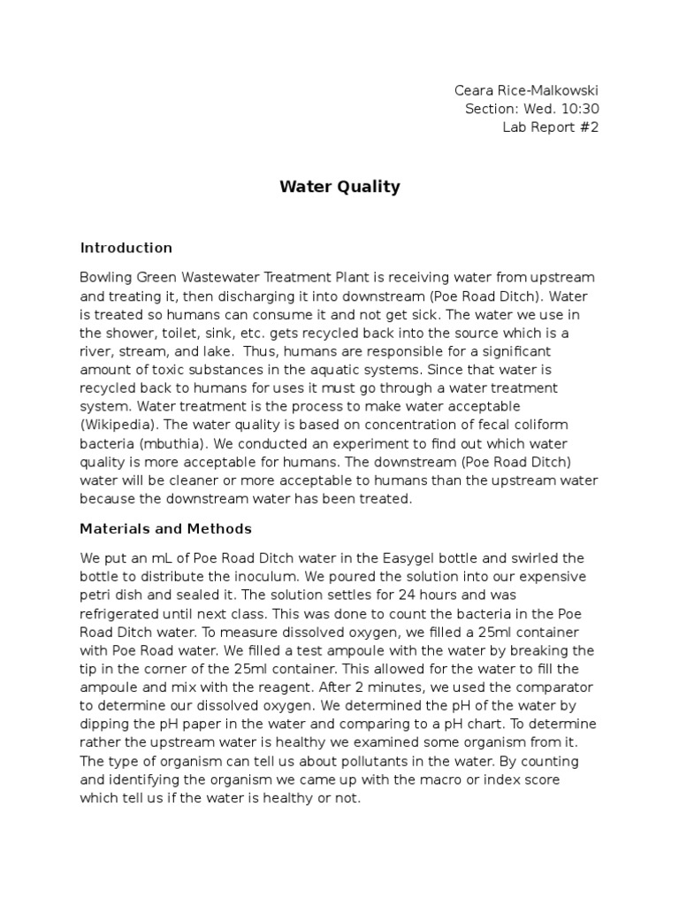 Lab Report 2. Water Quality Water Treatment