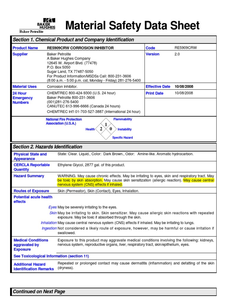 Corrosion Inh MSDS Dangerous Goods Fires