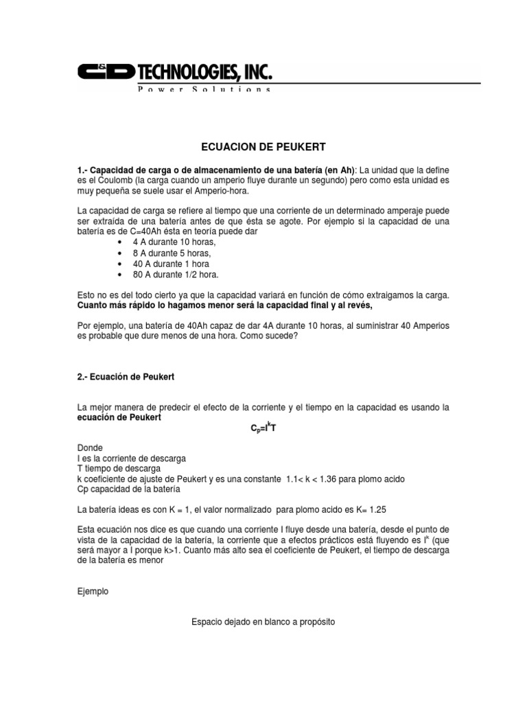 Ecuacion de Peukert PDF Batería (electricidad)