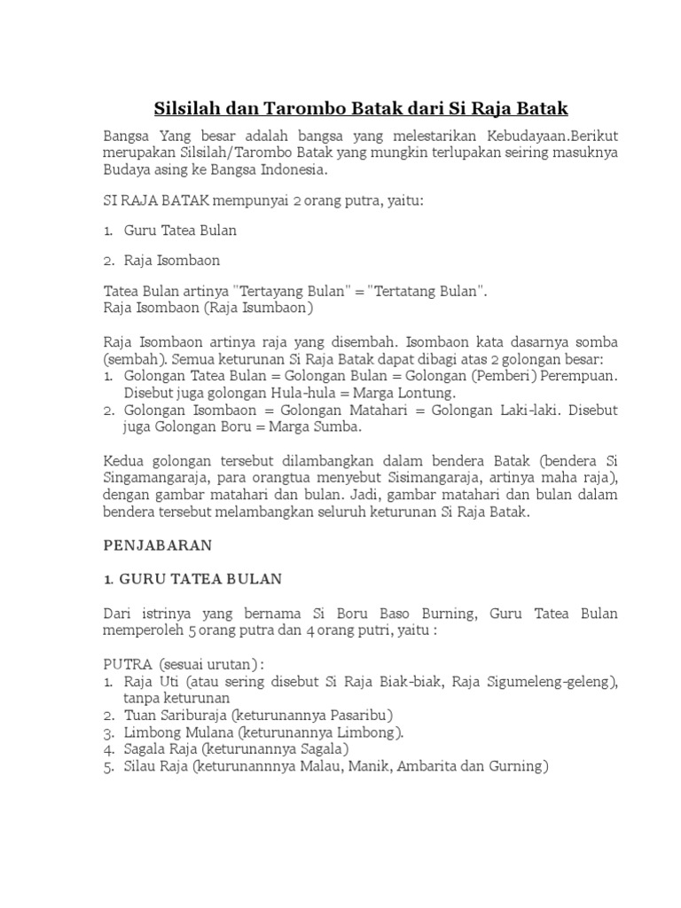 Silsilah Dan Tarombo Batak Dari Si Raja Batak | PDF