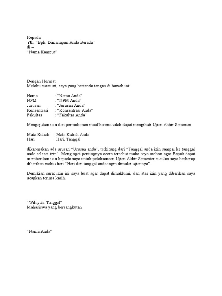 Contoh Surat Permohonan Ujian Susulan