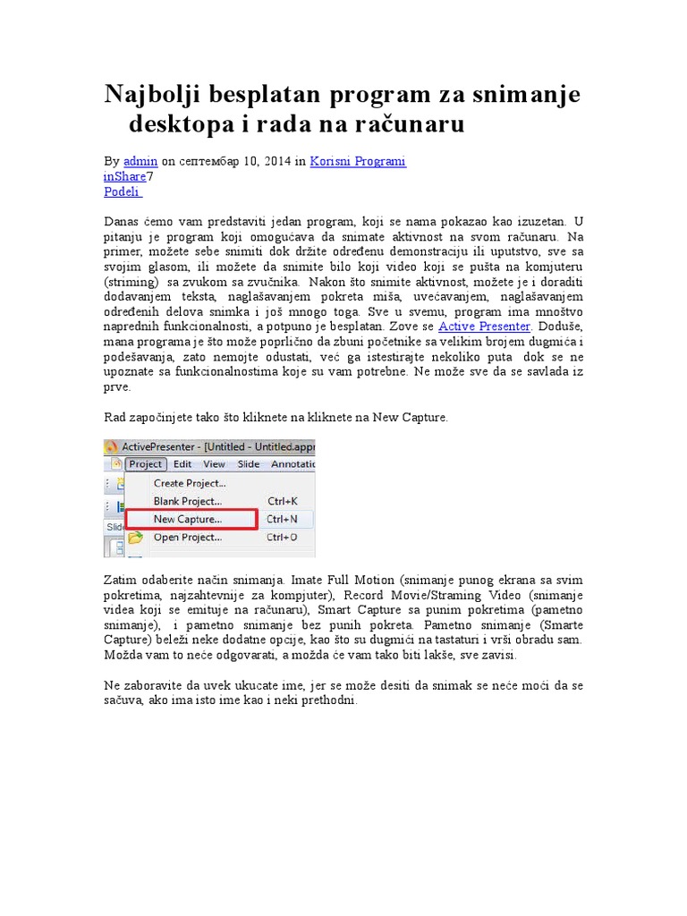 Najbolji Besplatan Program Za Snimanje Desktopa I Rada Na Računaru | PDF