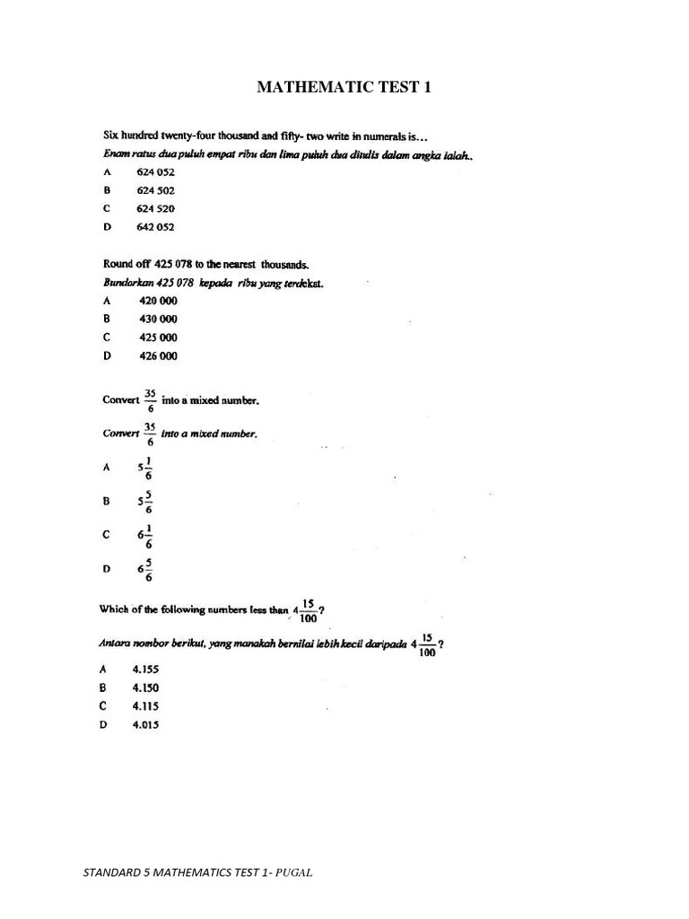 Standard 5 Math Test 1 Overview | PDF