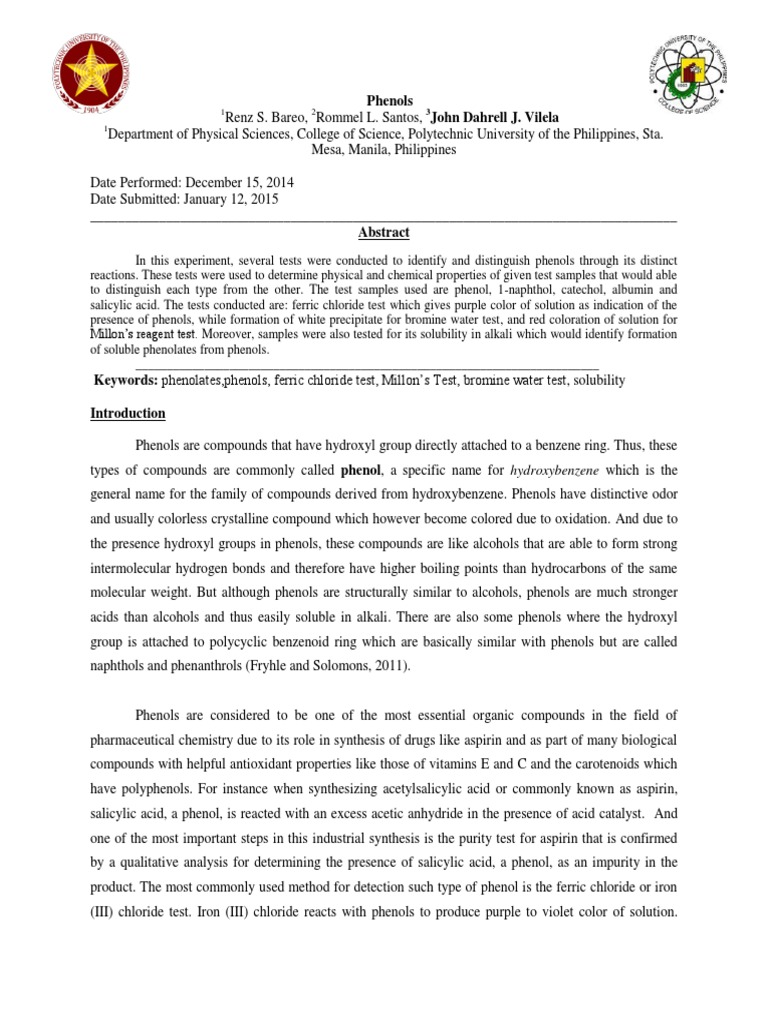 PostLab Report For Phenols PDF Hydroxide Precipitation (Chemistry)