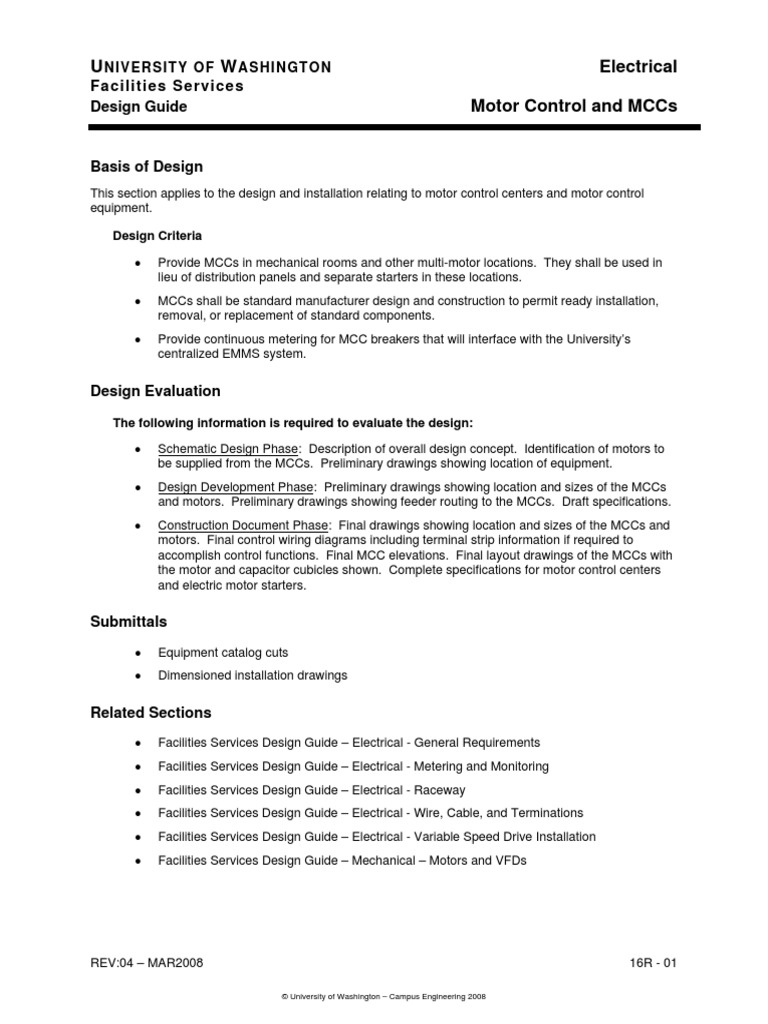 U W Electrical Motor Control and MCCS Facilities Services Design Guide