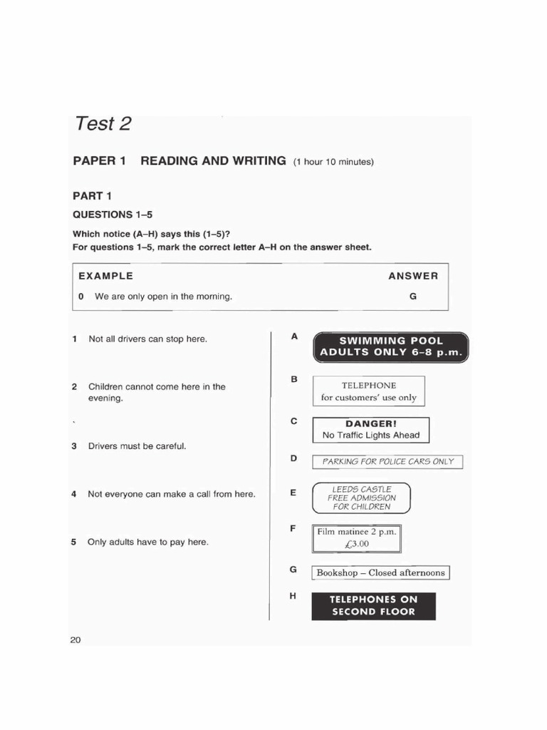 Ket - Cup 2 Test 2 Reading - Listening | PDF