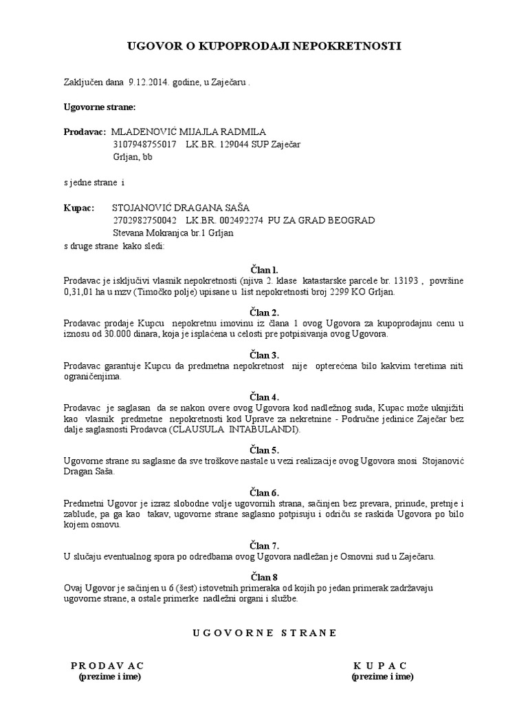 Ugovor o Kupoprodaji Nepokretnosti | PDF