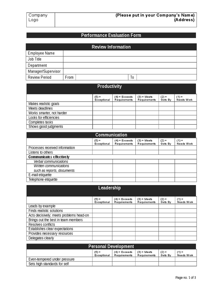 Performance Evaluation Form Template | PDF