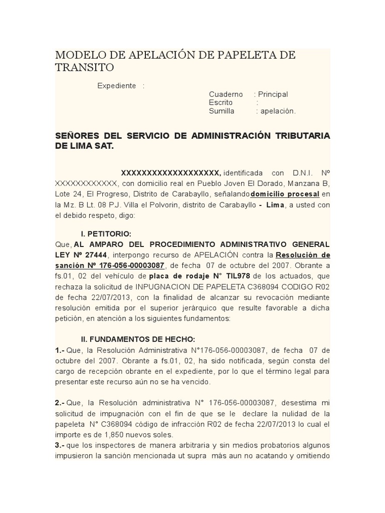 Modelo de Apelación de Papeleta de Transito  Regulación 
