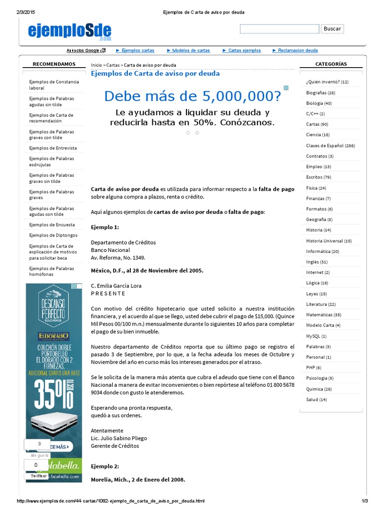 Ejemplos de Carta de Aviso Por Deuda  Deuda  Business
