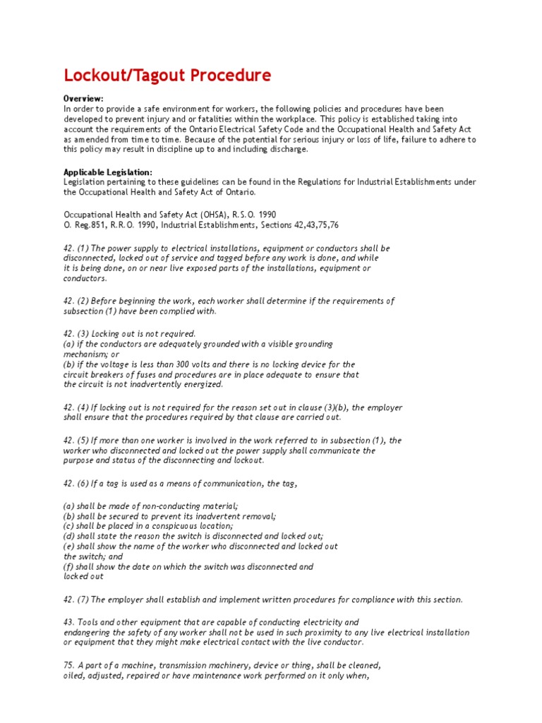 Lockout/Tagout Safety Procedures | PDF | Electricity | Mechanical ...