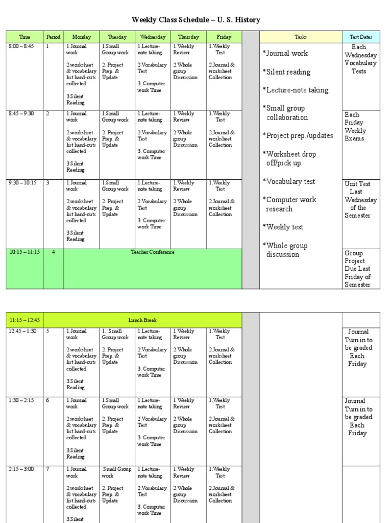U.S. History Weekly Class Schedule | PDF