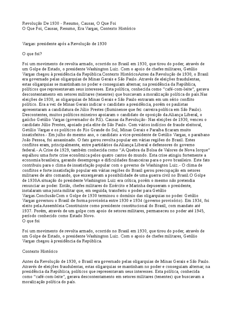 Revolução de 1930: Causas e Resumo | PDF | Brasil | Política (geral)