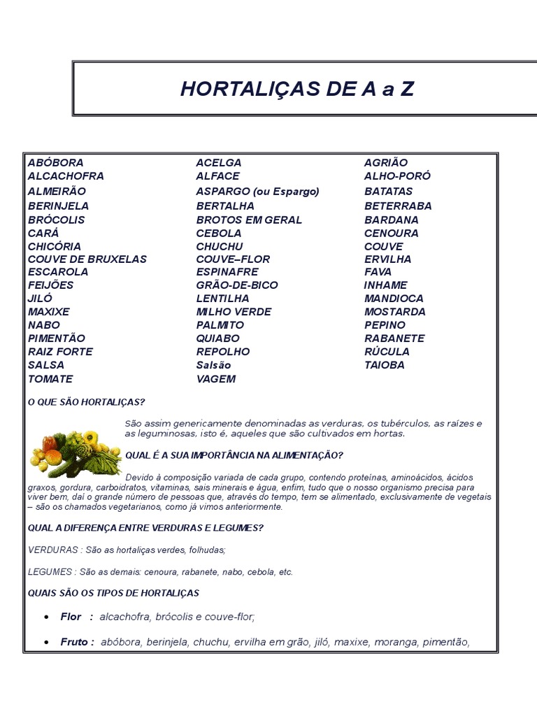 Lista de Hortaliças de A a Z | PDF | Berinjela | Batata