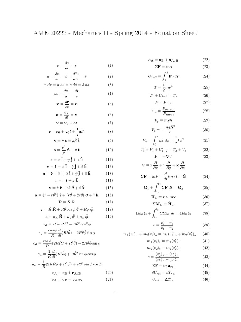 AME 20222 - Mechanics II - Spring 2014 - Equation Sheet | PDF ...