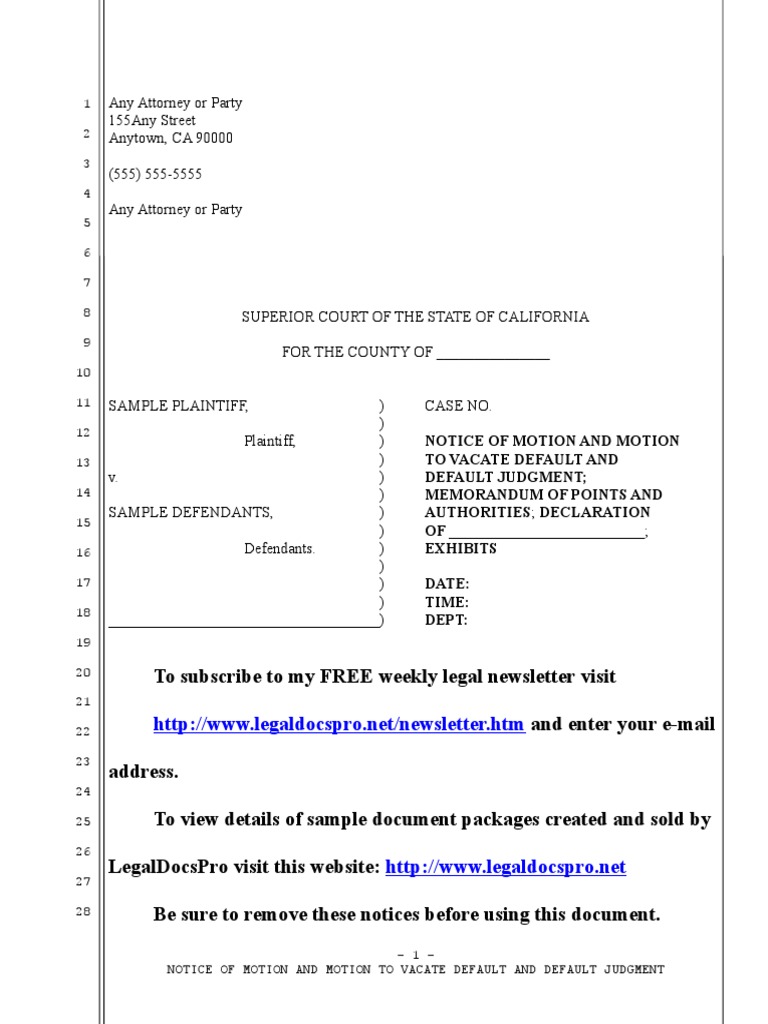 Sample Motion To Vacate Judgment Under CCP Section 473 For California ...
