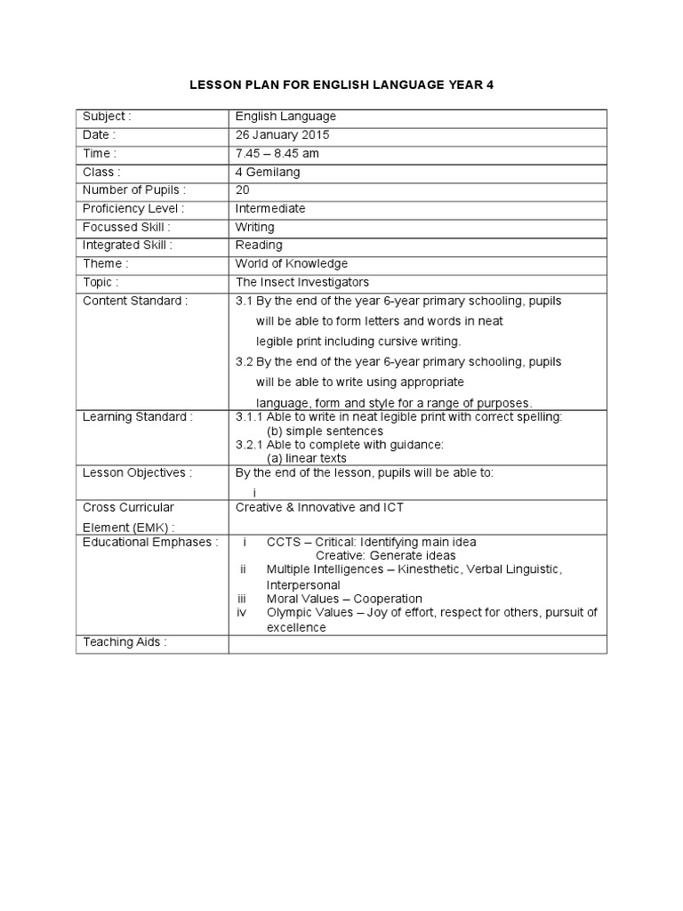 Lesson Plan For English Language Year 4 | PDF