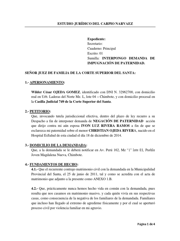 Demanda de Impugnación de Paternidad - ABOGADO LUIS DEL CARPIO NARVAEZ |  PDF | Demanda judicial | Evidencia (ley)