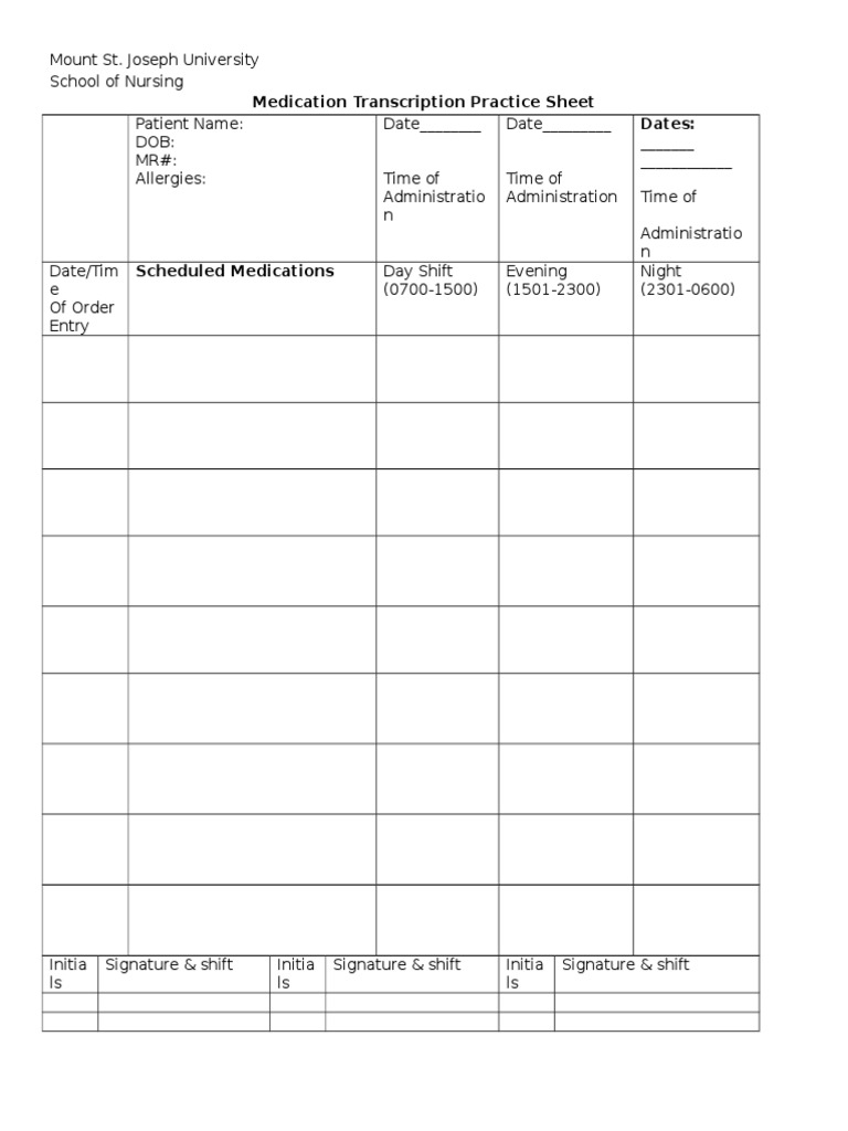Medication Transcription Practice Sheet | PDF | Health Care | Health ...