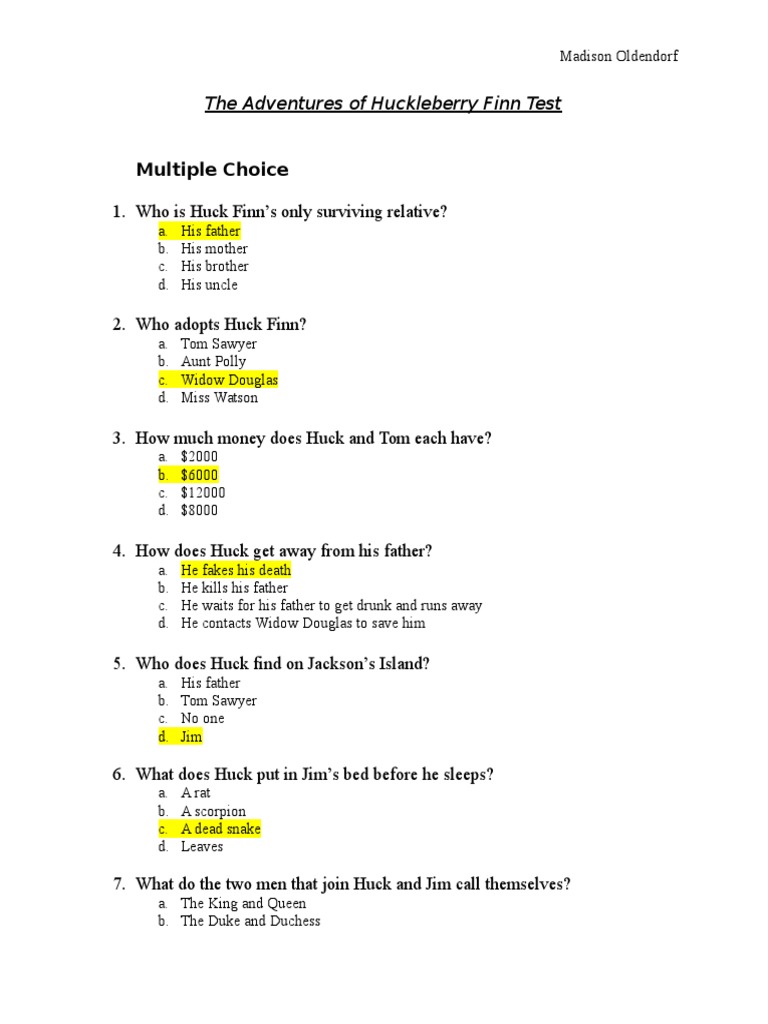 Huck Finn Test Huckleberry Finn Tom Sawyer