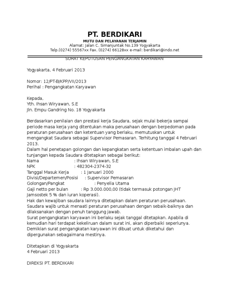 Contoh Surat Keputusan Pengangkatan Karyawan