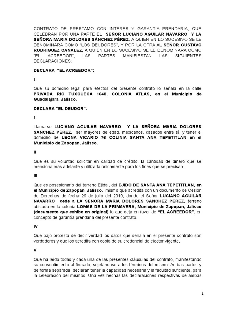 Contrato de Prestamo Con Interes y Garantia Prendaria | PDF | Finanzas ...