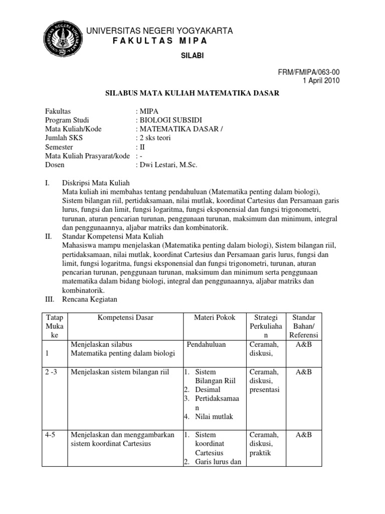 Silabus Matematika Dasar Biologi | PDF | Sains & Matematika | Komputer