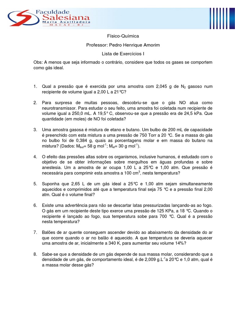 Exercícios de Físico-Química Gasosa | PDF | Gases | Temperatura