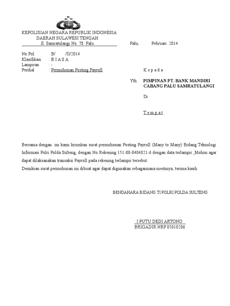 Contoh Surat Permohonan Payroll Gaji Ke Bank  ilmupediapro