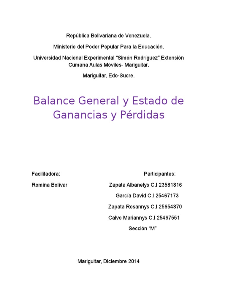 Balance General y Estado de Ganancias y Perdidas Unidad V Contabilidad