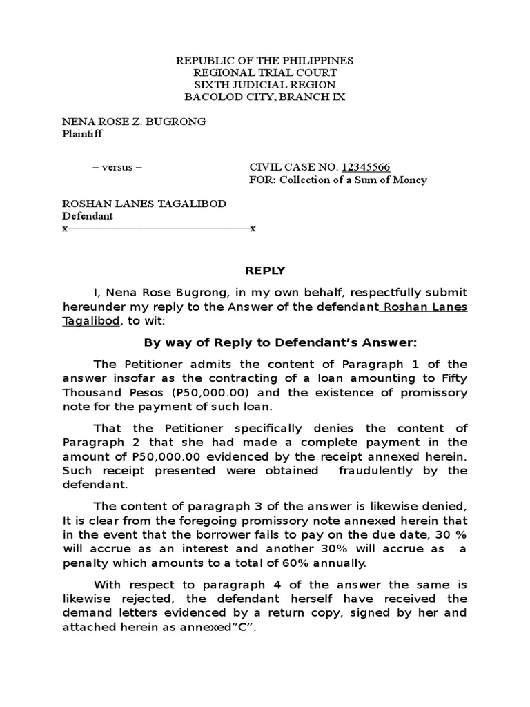 Reply to Defendant's Answer in Civil Case | PDF