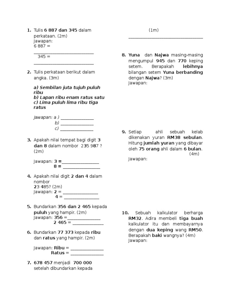 Soalan Matematik Tingkatan 1