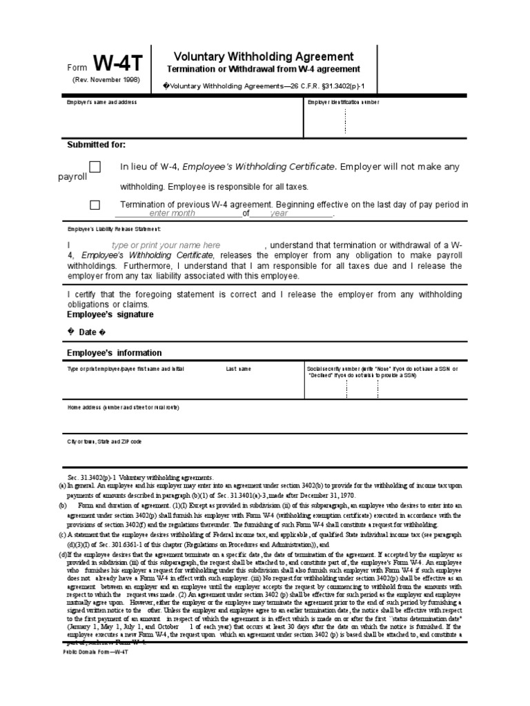 Termination of Voluntary Income Tax Withholding Agreement | PDF ...