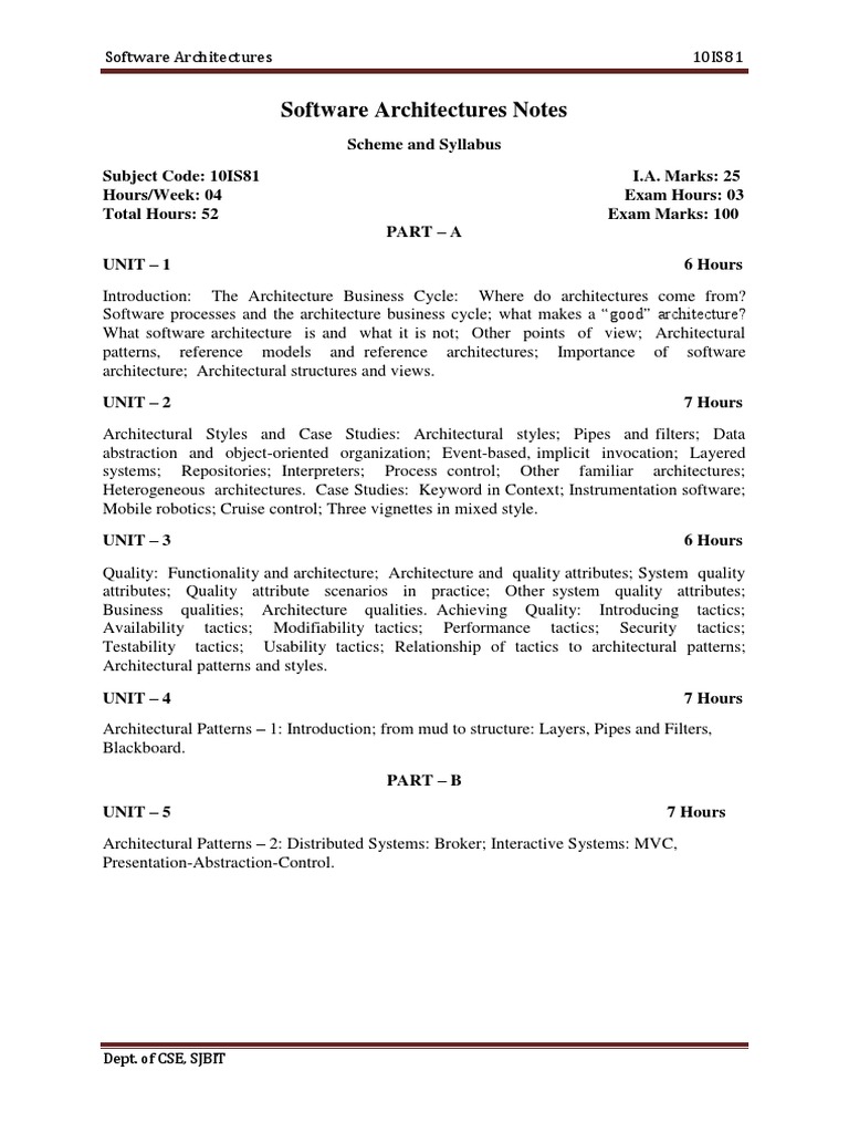 Cse Viii Software Architectures 10is81 Notes Software Architecture Control Theory