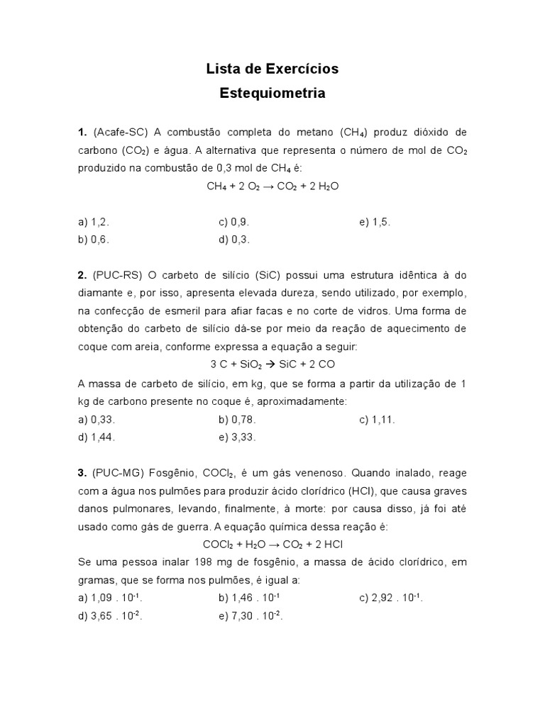Exercícios de Estequiometria para Vestibular | PDF | Mol (unidade ...