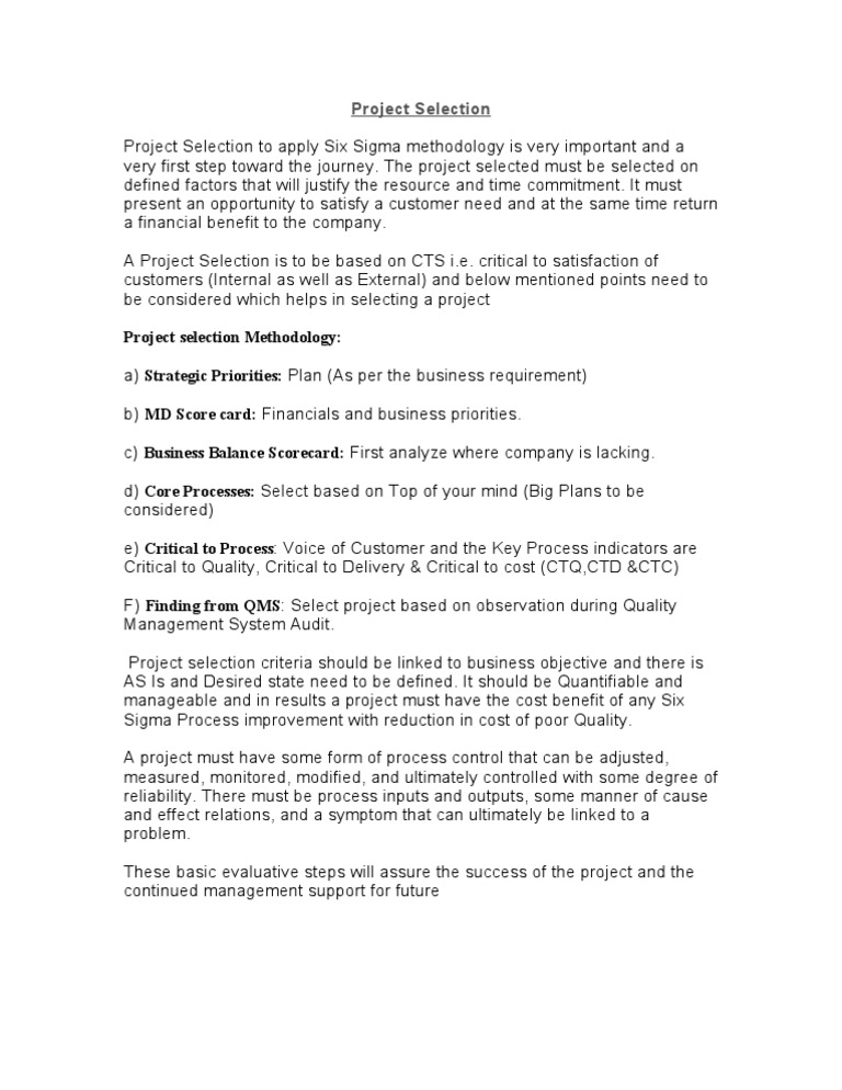 Six Sigma Project Selection Criteria | PDF | Finance & Money Management ...