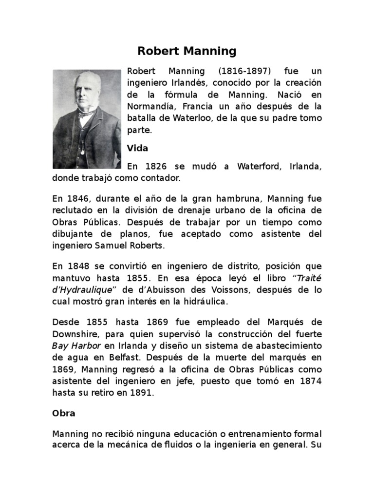 Robert Manning y su fórmula hidráulica | PDF | Enseñanza de matemática ...