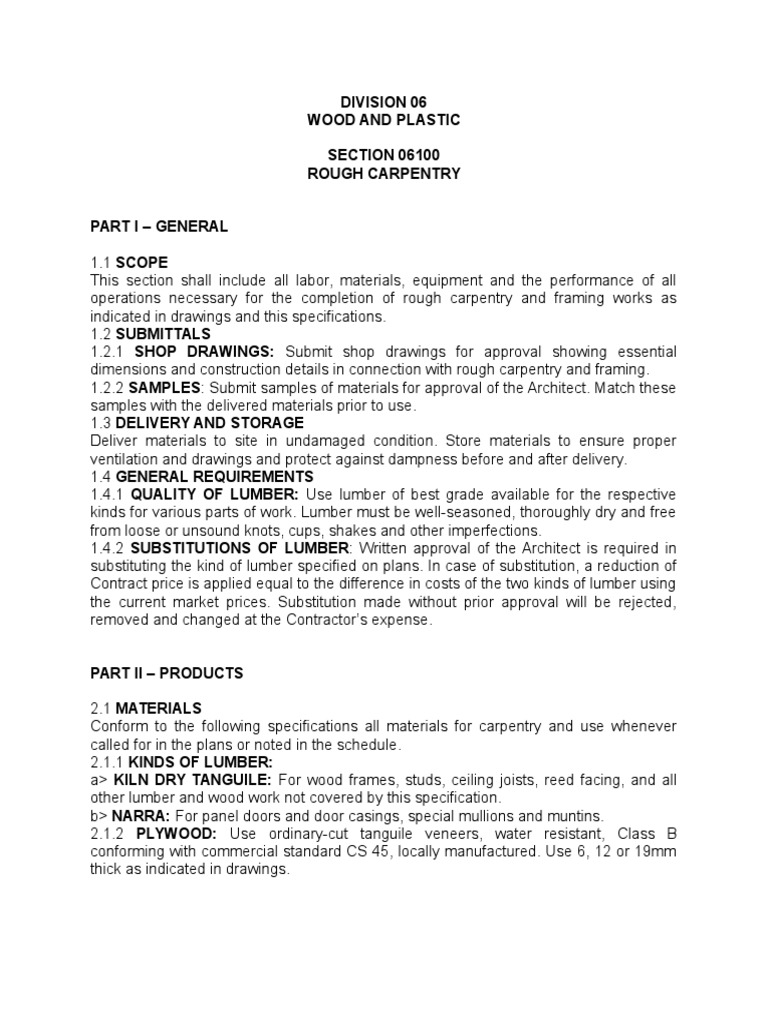 Specification for Rough Carpentry, Finish Carpentry, Architectural ...