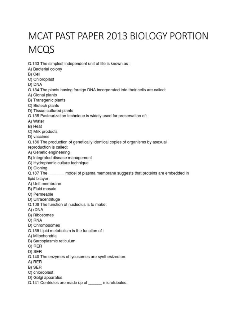 MCAT Past Paper 2013 Biology Portion Mcqs | PDF | Endoplasmic Reticulum ...