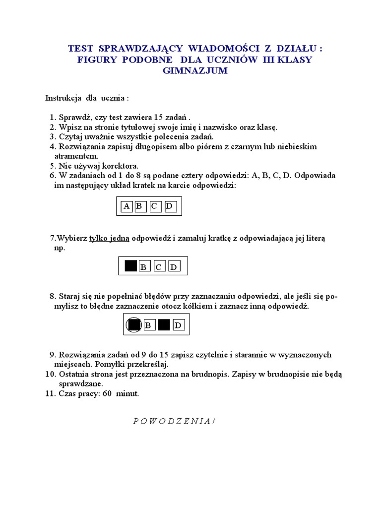 Sprawdzian Matematyka Klasa 3 Gimnazjum Figury Podobne