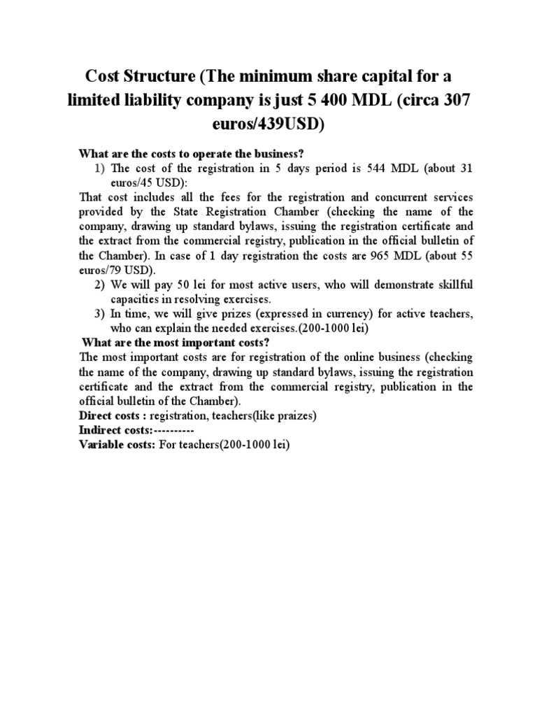 Cost Structure (The Minimum Share Capital For A Limited Liability ...