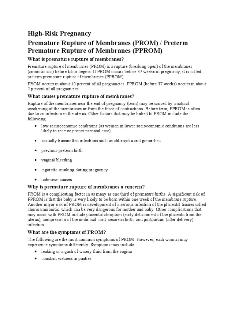 High Risk Pregnancy Premature Rupture Of Membranes Prom Pdf