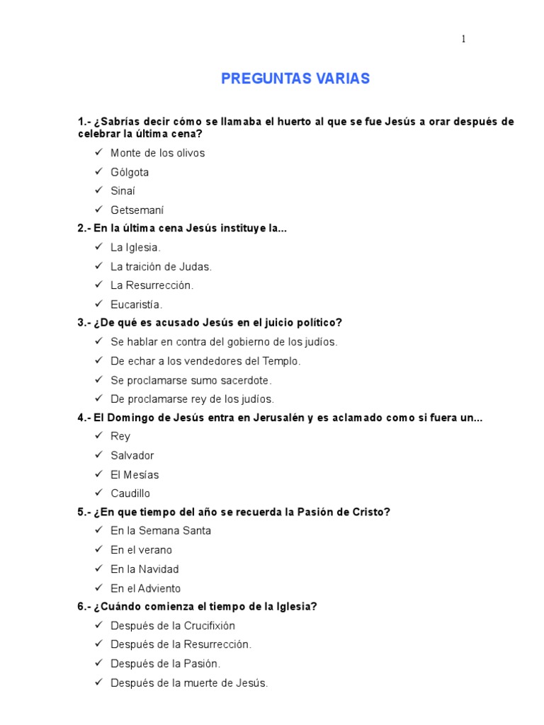 PREGUNTAS VARIAS SOBRE TEMAS RELIGIOSOS