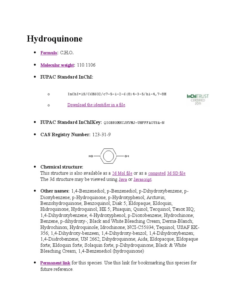 Hydroquinone:: C: 110.1106 Iupac Standard Inchi | PDF | Materials | Nature