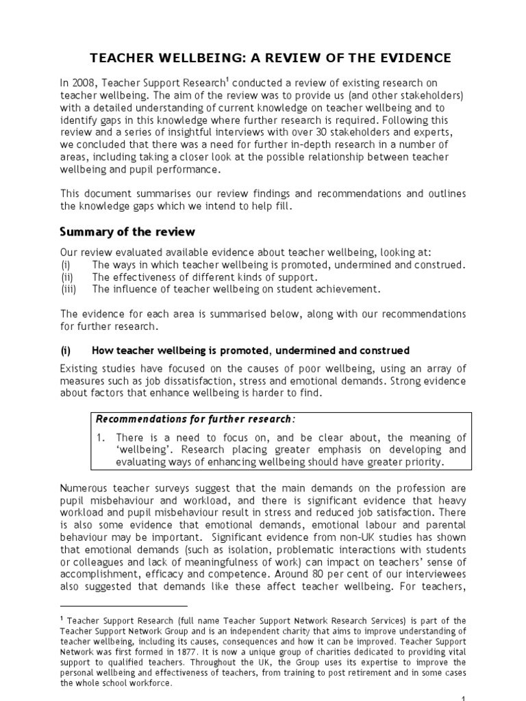 Teacher Wellbeing: Evidence Review Summary | PDF | Occupational Stress ...